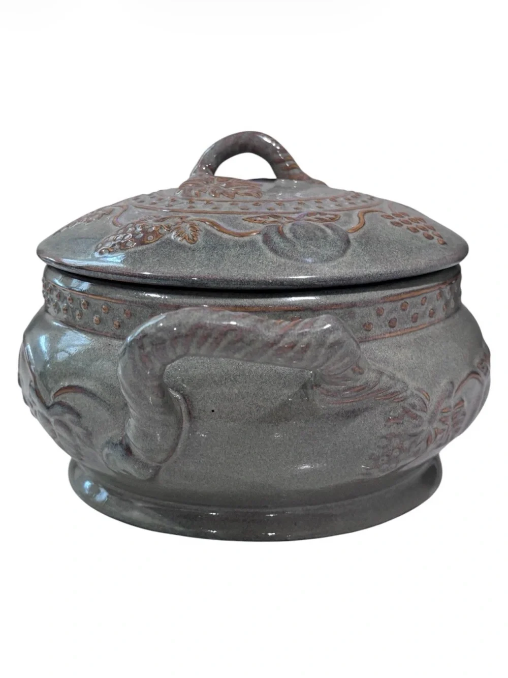 Handmade Stone Wear Pottery Handled Bean Pot Raised Design Gold Trim Accents
